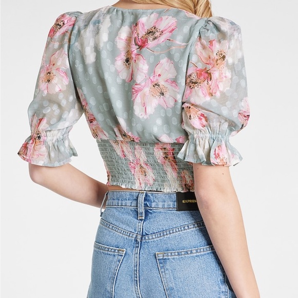 💚5 for $20💚 NEW Express Floral Clip Dot Print Smocked Waist Top - Picture 5 of 10